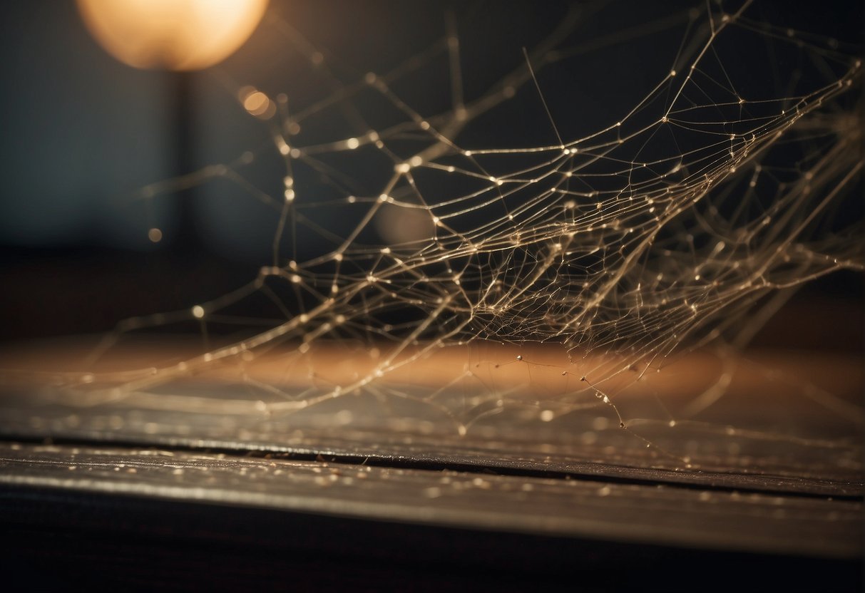 Tiny spiders scatter across the dusty corners of a dimly lit room, weaving delicate webs between furniture and walls