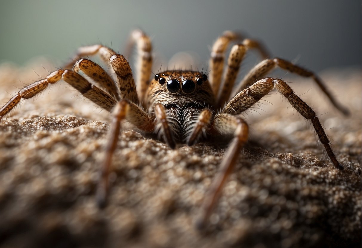 Several common house spiders crawl on walls and ceilings, varying in size and color. They weave delicate webs in corners and near windows