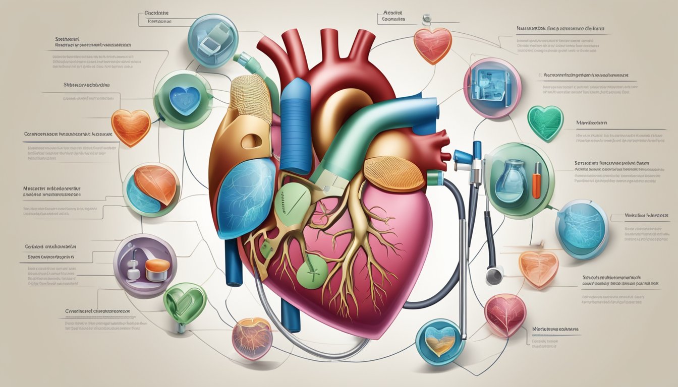A heart-shaped diagram with labeled chambers and vessels, surrounded by medical equipment and a doctor's stethoscope