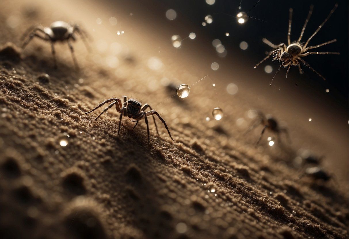 Tiny spiders scatter across a dusty corner of a dimly lit room, their delicate legs moving swiftly as they explore their surroundings