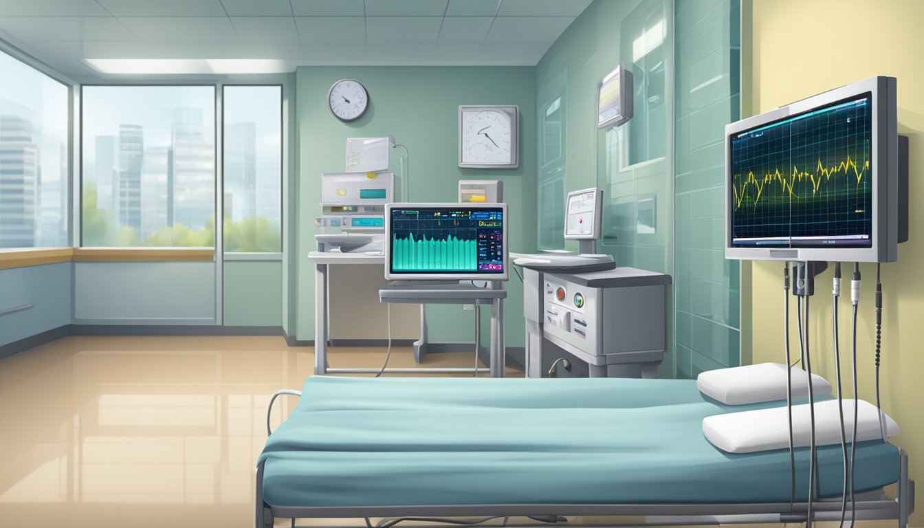 A heart monitor displays vital signs in a hospital room