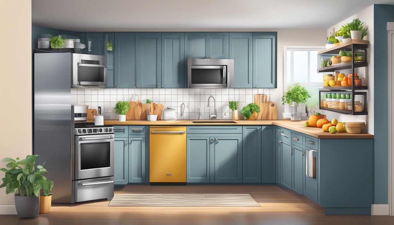 A modern kitchen with a sleek, stainless steel refrigerator prominently displayed, surrounded by various food items and kitchen appliances