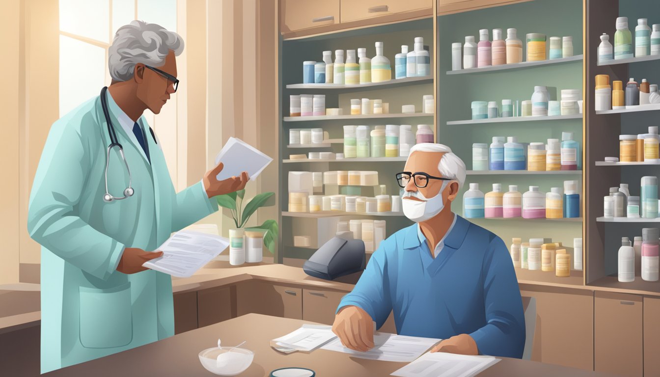 A doctor discussing treatment options with a patient, showing various medications and lifestyle changes