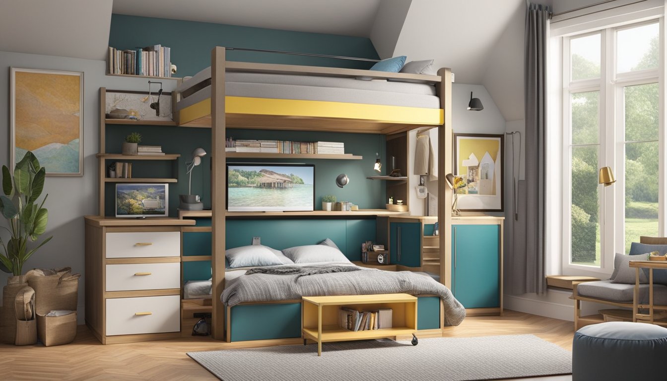 A loft bed with a TV underneath radiates comfort, safety, and functionality. The bed is elevated, with a sturdy ladder leading up to it. The TV is neatly tucked away underneath, creating a cozy and practical space