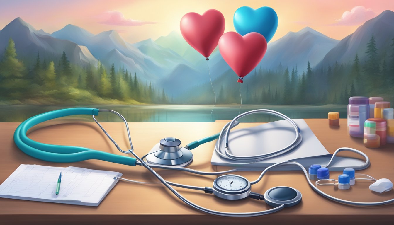 A heart-shaped balloon floats above a peaceful scene, surrounded by a stethoscope, medication, and a heart rate monitor