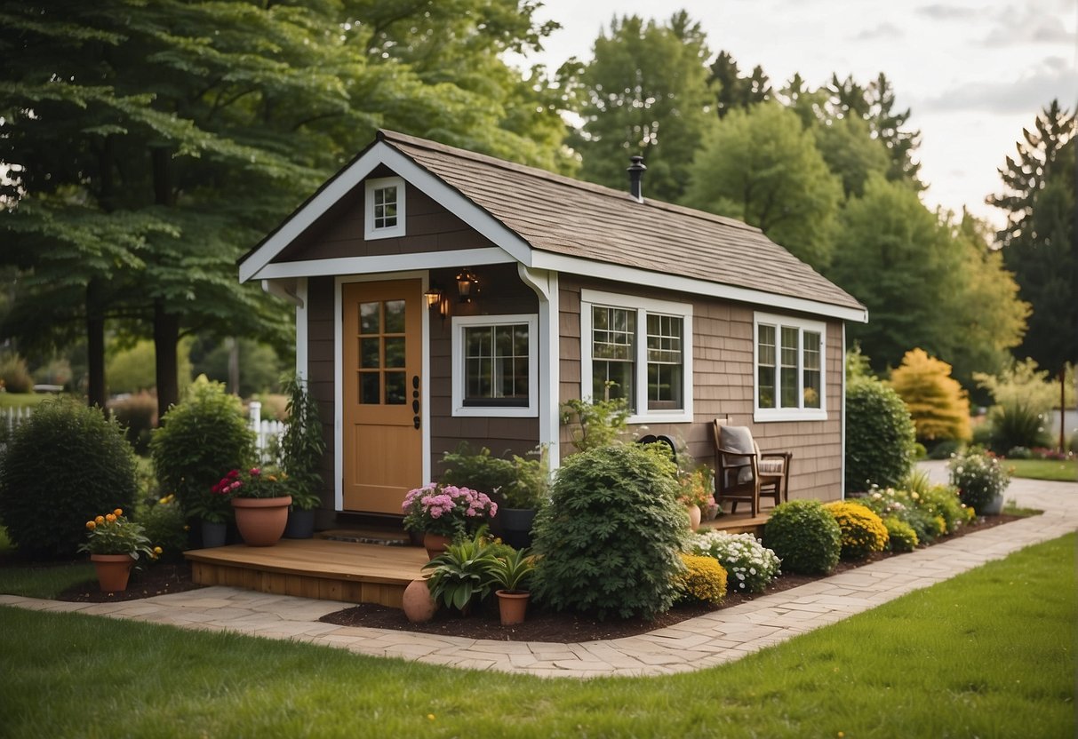 A tiny house, approximately 400 square feet, sits nestled among tall trees with a cozy porch and a small garden in the front yard