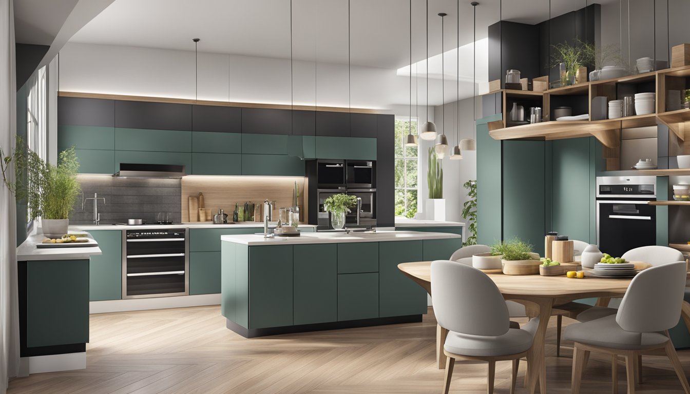 A modern kitchen with sleek cabinets and innovative storage solutions, featuring stylish design elements and efficient use of space