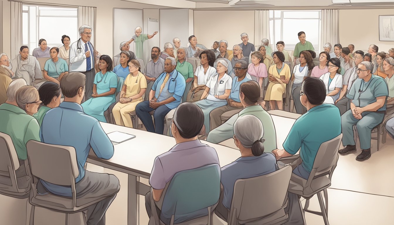 A group of adults with congenital heart failure gather, seeking answers. A doctor addresses their concerns, while others listen intently