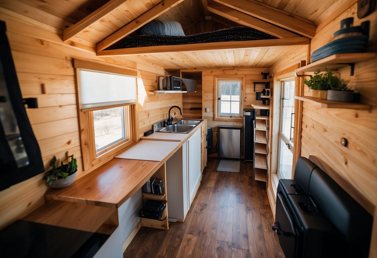 The tiny house measures 100-400 square feet, complying with local regulations. It features a compact design with a lofted sleeping area and efficient use of space