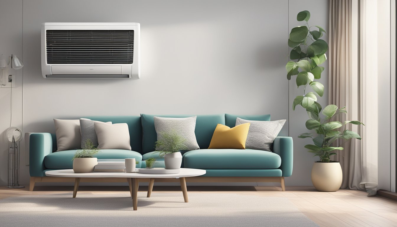 A modern air conditioning unit installed on a wall in a clean and spacious room in Singapore