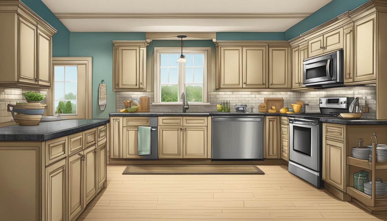 A kitchen with various design elements, such as countertops, cabinets, and appliances, with a prominent "Frequently Asked Questions" sign