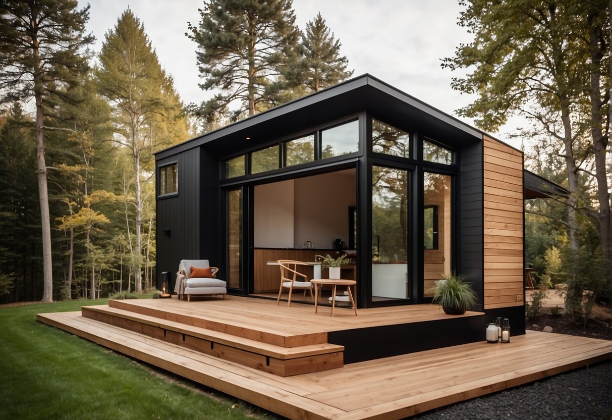 A tiny house with sleek design features, large windows, and outdoor living space. The interior is efficiently laid out, with multi-functional furniture and storage solutions