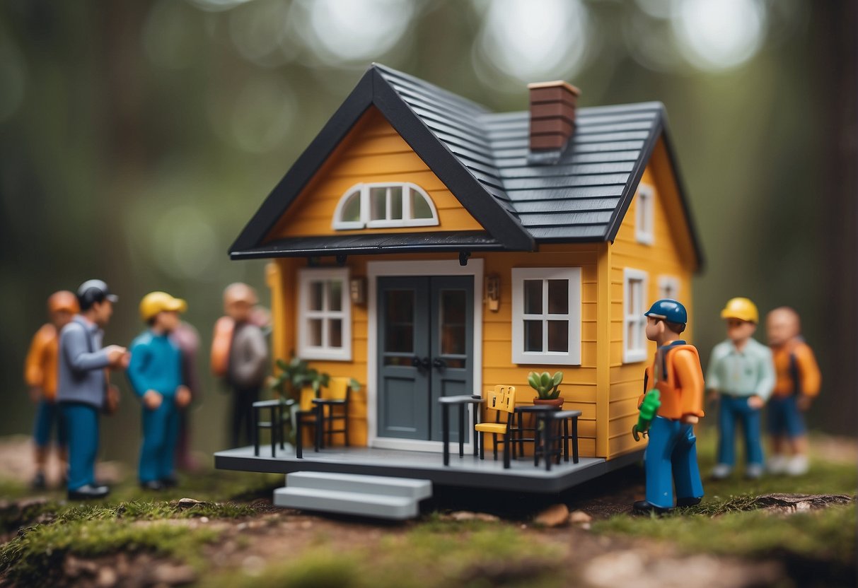 A tiny house surrounded by curious onlookers, with a measuring tape stretched across its width