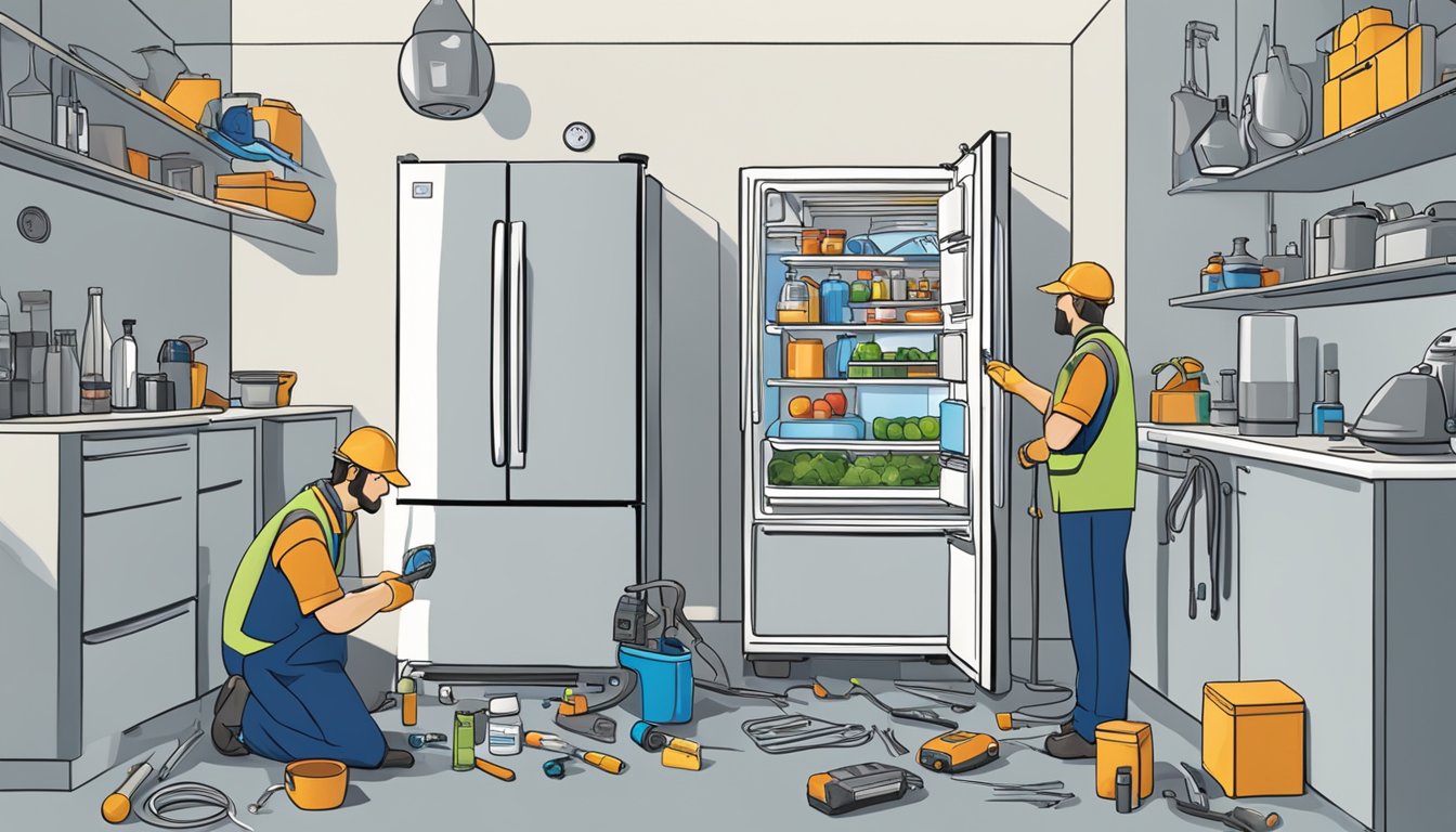 A technician fixing a refrigerator with tools and parts scattered nearby