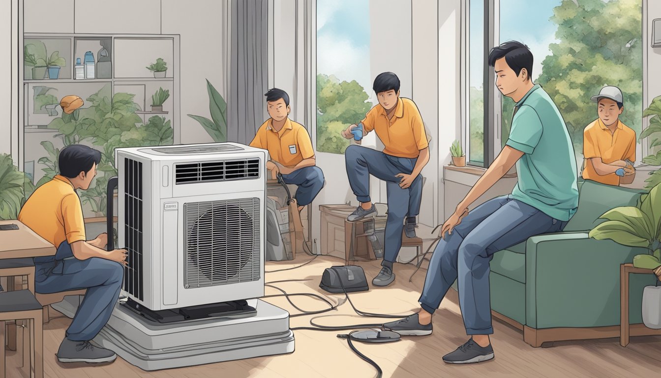 An aircon technician installing a unit in a Singaporean home, surrounded by curious onlookers