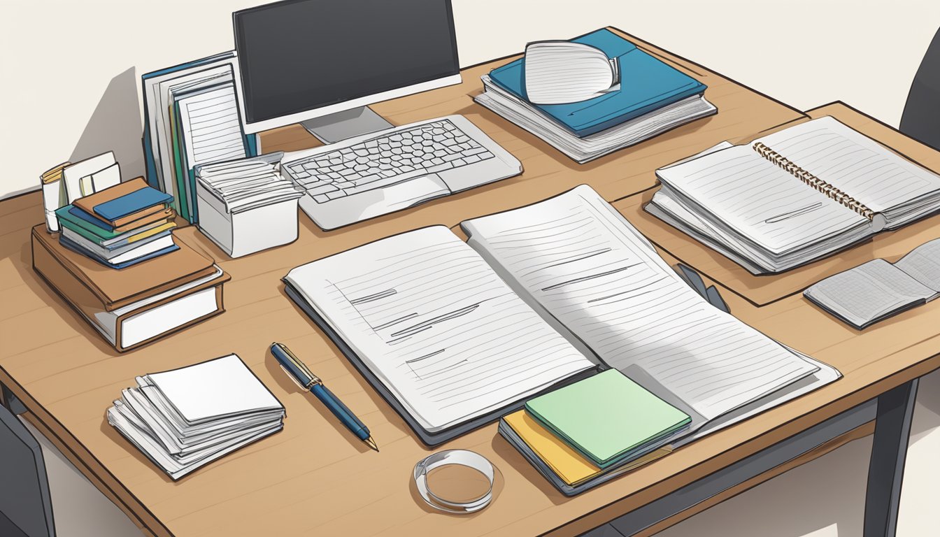 A study table with a built-in shelf holds a stack of Frequently Asked Questions (FAQ) documents. The table is neat and organized, with a pen and notebook placed next to the documents