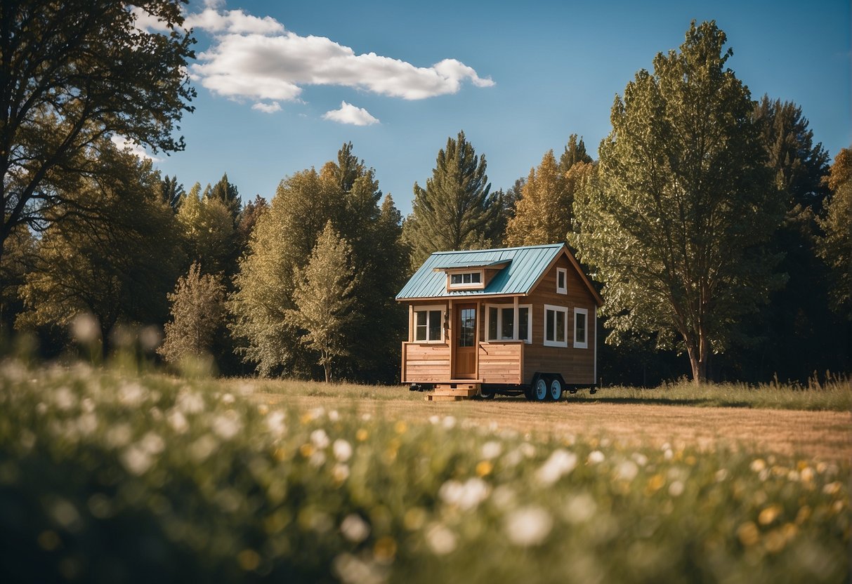 A tiny house sits on a plot of land, surrounded by trees and a clear blue sky. A sign nearby indicates that it is a legal tiny house community