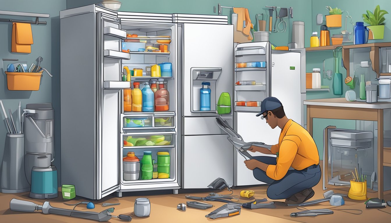 A technician fixing a refrigerator, tools scattered, open fridge