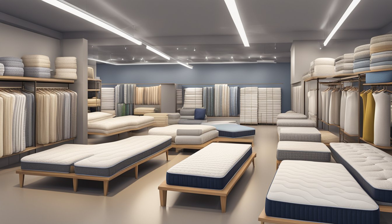 A showroom with various mattress types and materials displayed, with price tags visible