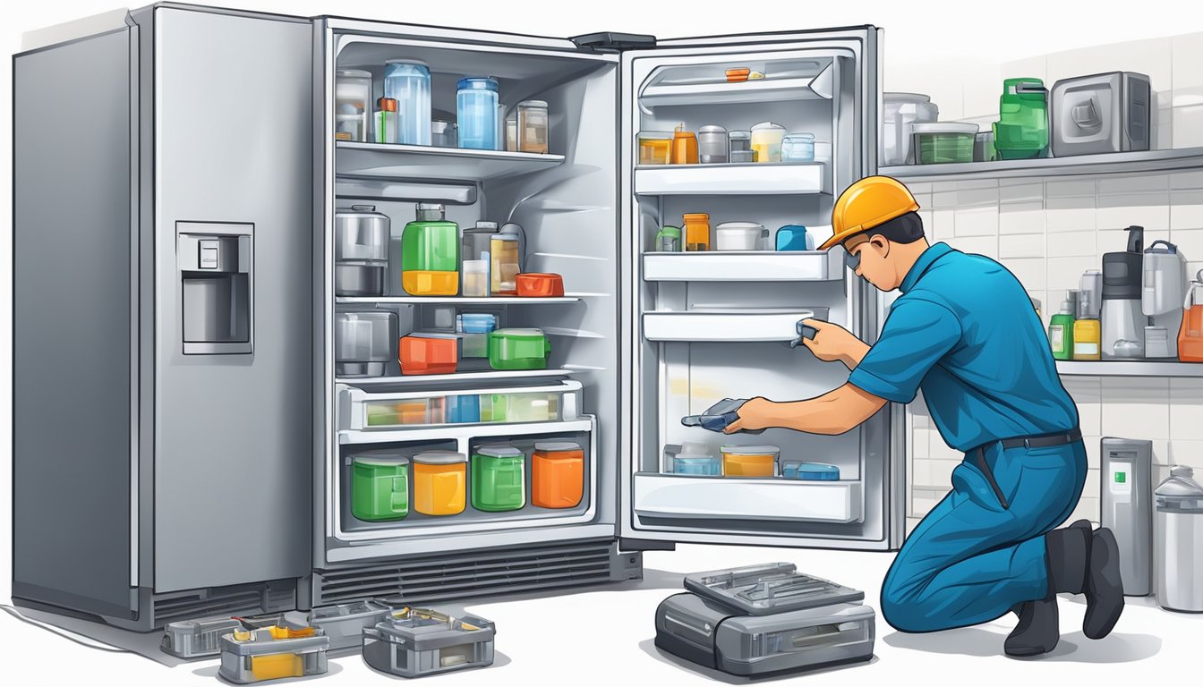 A technician examines a malfunctioning refrigerator with tools and a diagnostic device, surrounded by various refrigerator parts and components