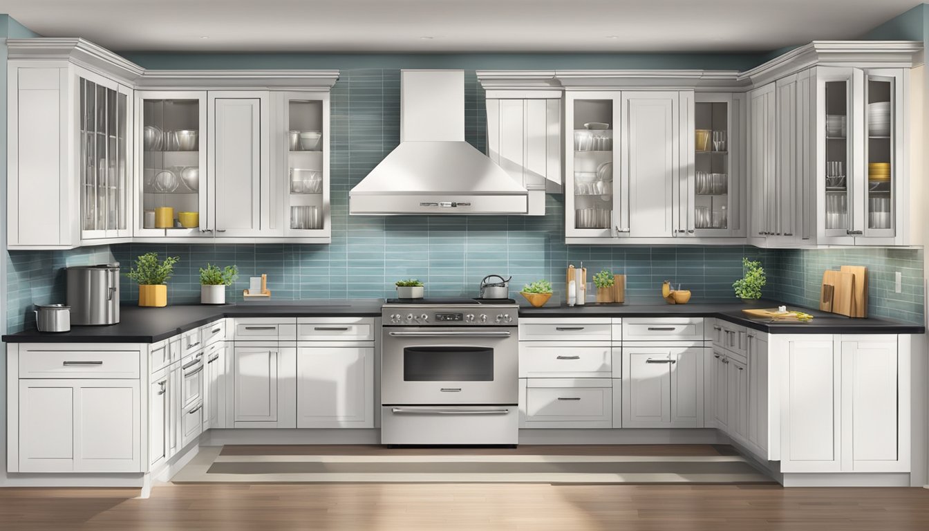 The kitchen cabinets are arranged in a U-shape, with sleek, modern handles and a glossy finish. The upper cabinets are adorned with glass doors, revealing neatly stacked dishes and glassware