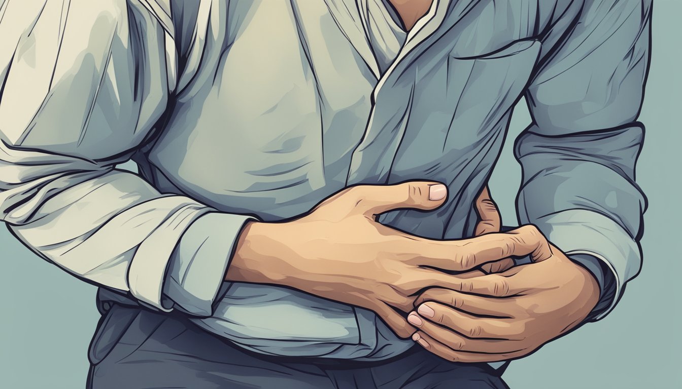 A person clutching their chest and grimacing while holding their foot in pain