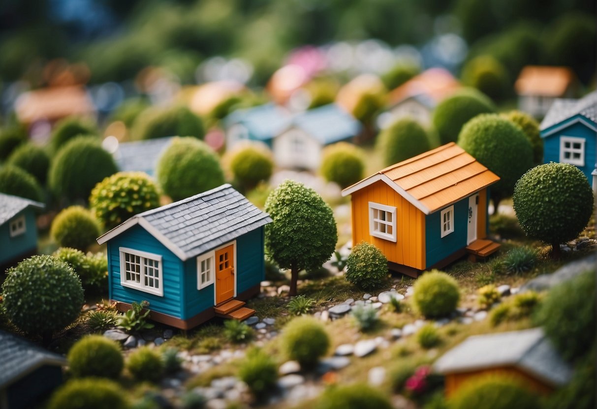 A cluster of tiny houses nestled within a vibrant community, each dwelling uniquely designed and surrounded by lush greenery and communal spaces