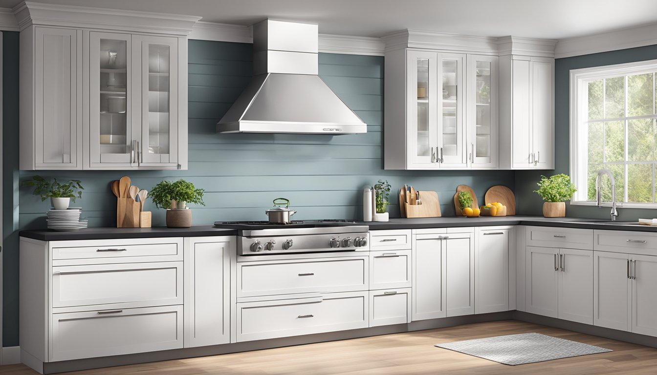 A spacious kitchen with sleek, white cabinets and modern hardware. The cabinets are neatly organized with ample storage space for all kitchen essentials