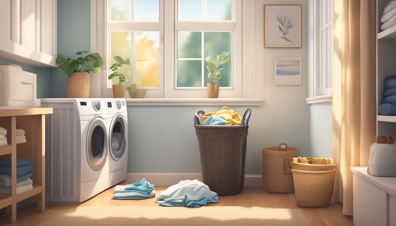 A laundry basket sits in a tidy room, surrounded by folded clothes and a bottle of detergent. The window lets in soft natural light, casting a warm glow over the scene