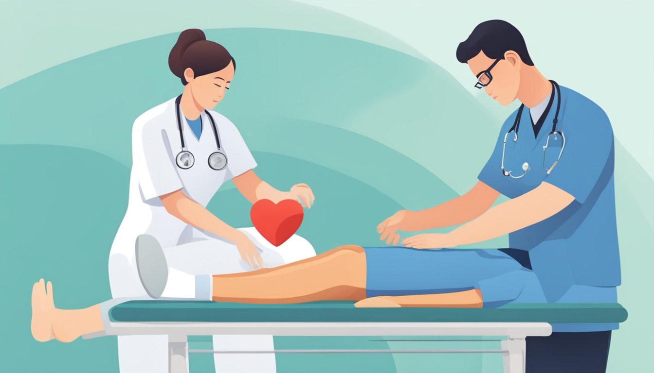 A person receiving treatment for heart and foot pain from a healthcare professional