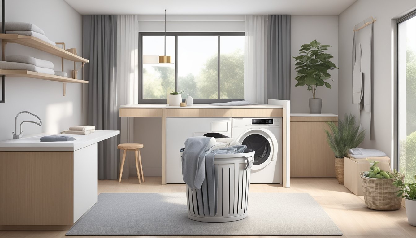 A laundry basket sits in a modern, minimalist home, surrounded by clean linens and neatly folded clothes. It is sturdy and spacious, with ergonomic handles for easy carrying