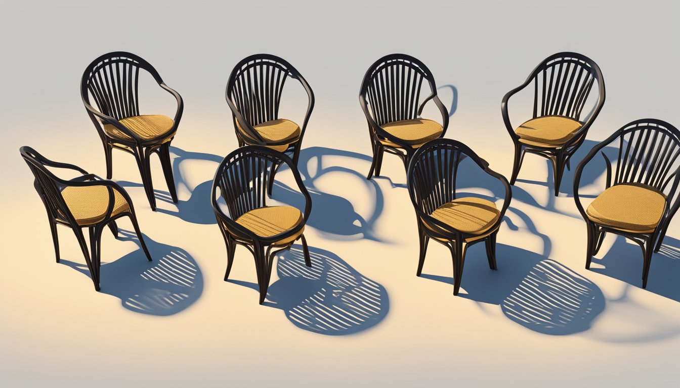 Stackable chairs arranged neatly in a circle, casting shadows in the late afternoon sun