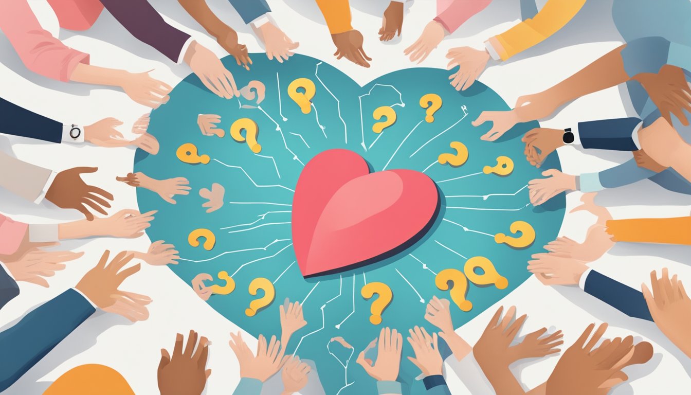 A heart and a foot surrounded by question marks, representing frequent inquiries about pain