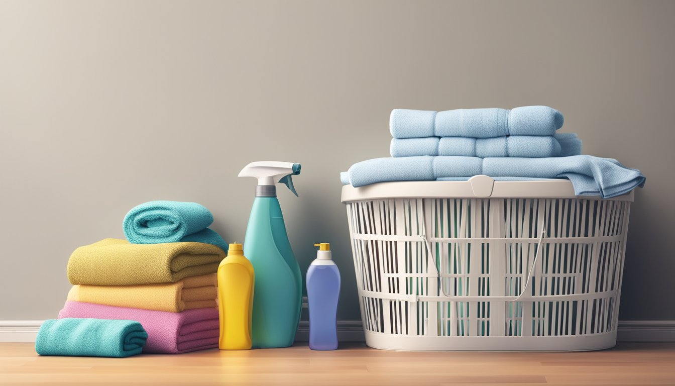 A laundry basket sits next to a stack of folded towels and a bottle of detergent, with a clothesline in the background