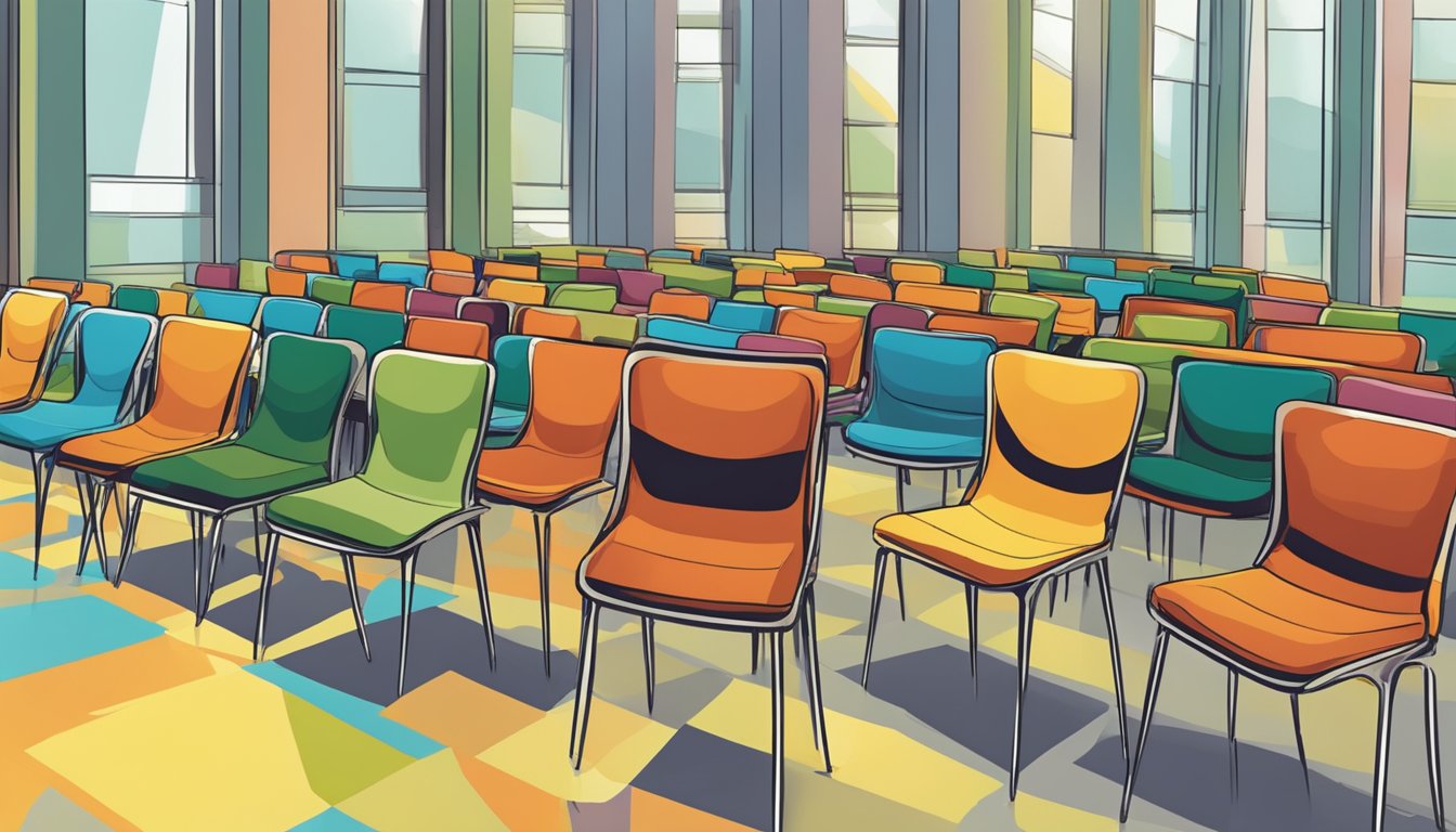 Chairs neatly stacked in a corner, creating a symmetrical pattern