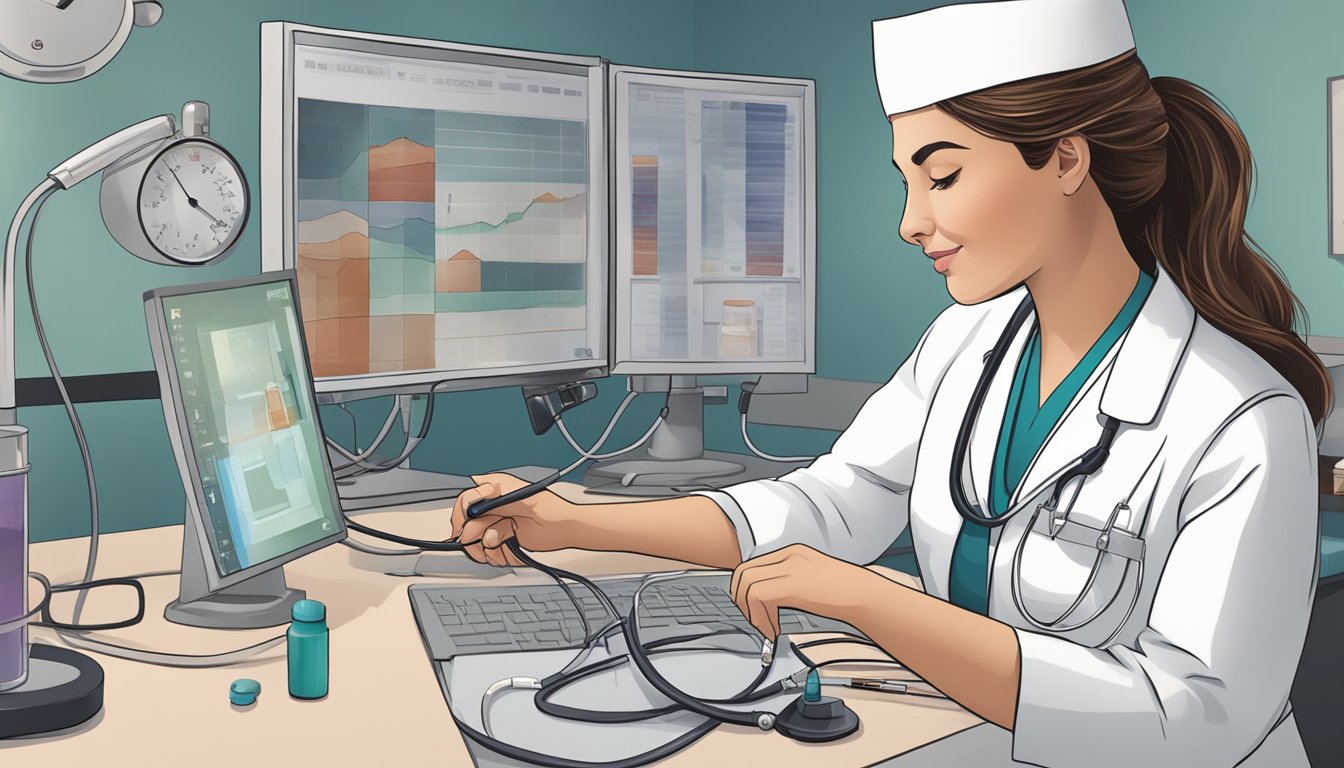A nurse monitors vital signs, administers medication, and educates a patient on heart failure management