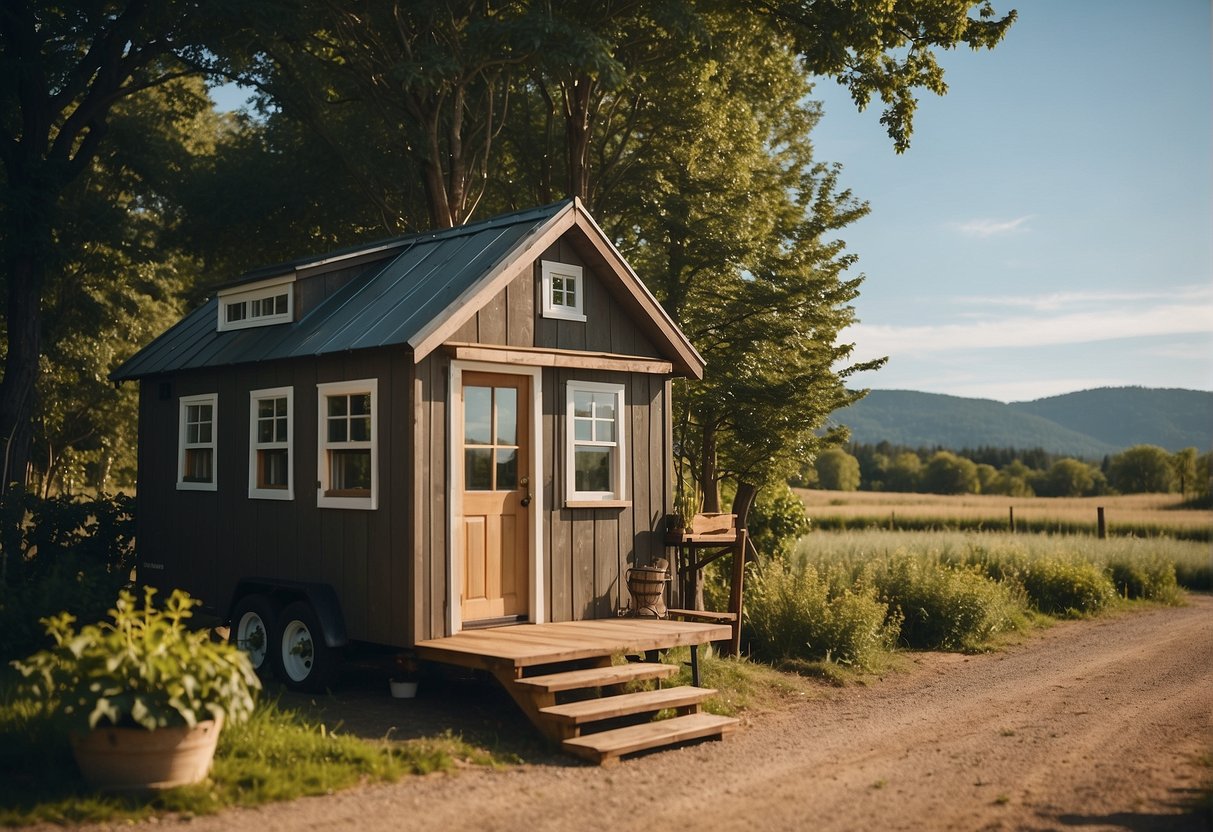 A tiny house nestled in a serene, countryside setting, surrounded by lush greenery and a clear blue sky. A sign nearby reads "Tiny House Community - Legal Living."