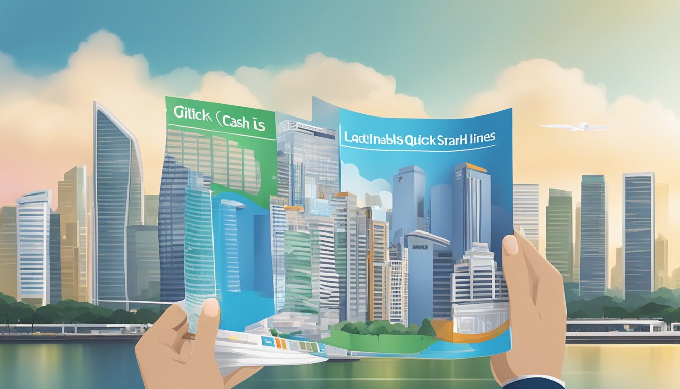 A hand holding a Citibank Quick Cash loan brochure with interest rates displayed, against a backdrop of the Singapore skyline