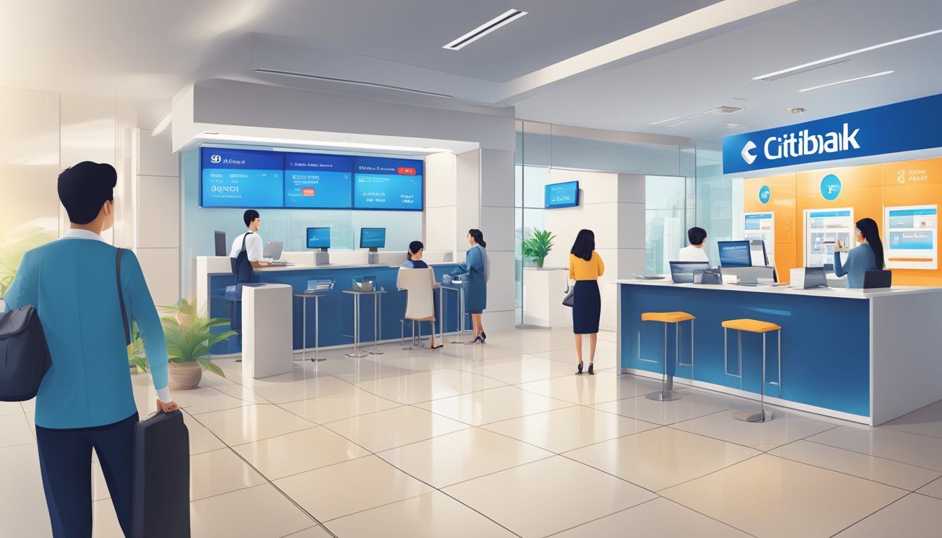 A bright, modern bank branch with a prominent display of Citibank Quick Cash Loan effective interest rates in Singapore. The rates are clearly visible and attractively presented