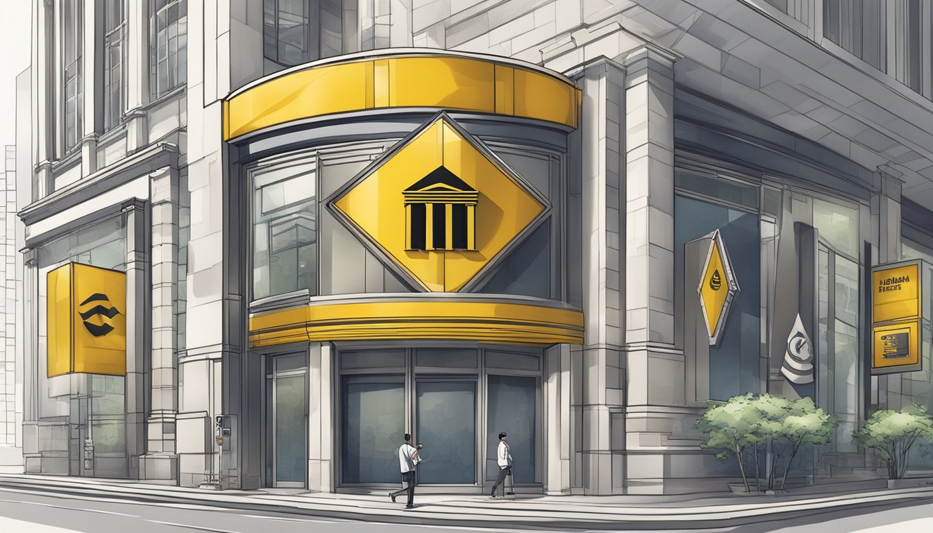 A bank building with a prominent "Maybank" sign, surrounded by financial charts and graphs, with a display of competitive interest rates for creditable term loans