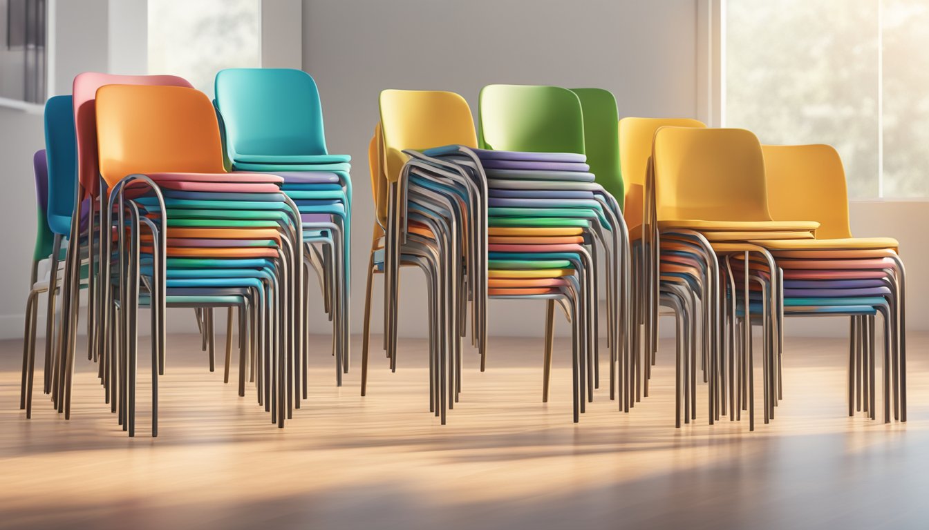 A neat stack of frequently asked questions stackable chairs in a well-lit room