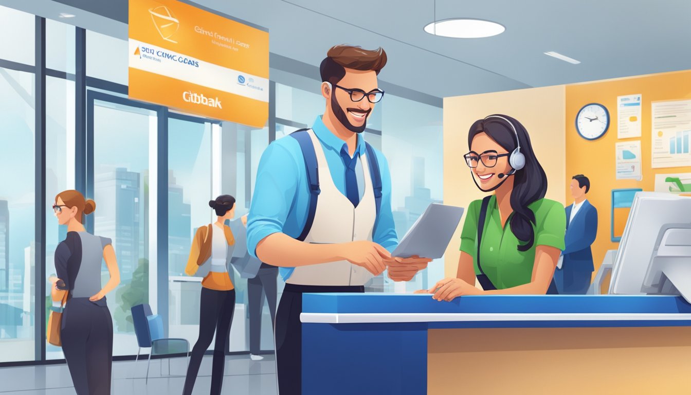 A bright, modern Citibank branch with a friendly atmosphere. A customer service representative explaining the benefits of Quick Cash Loans to a smiling customer