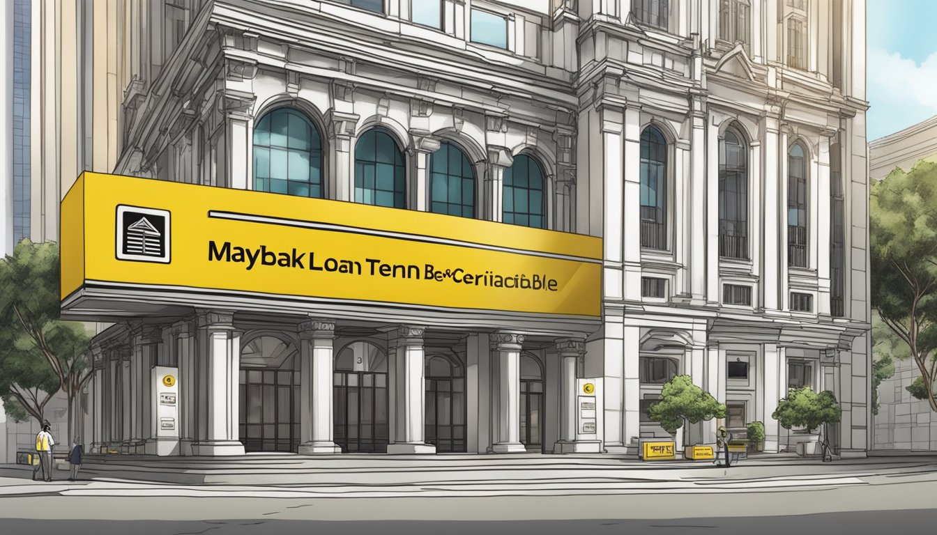 A bank building in Singapore with a prominent sign reading "Maybank Creditable Term Loan Tenor" displayed prominently