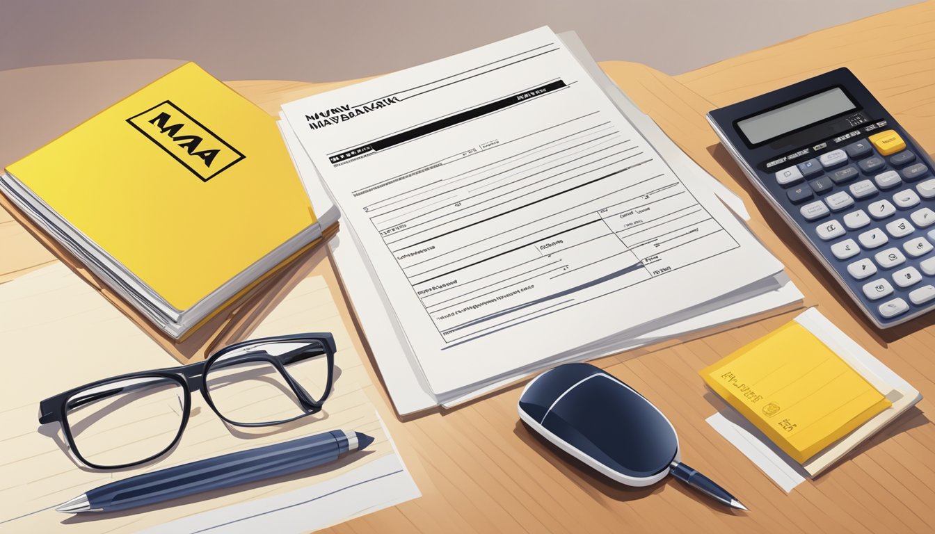A stack of approved loan documents with the Maybank logo, alongside a calculator and pen on a desk