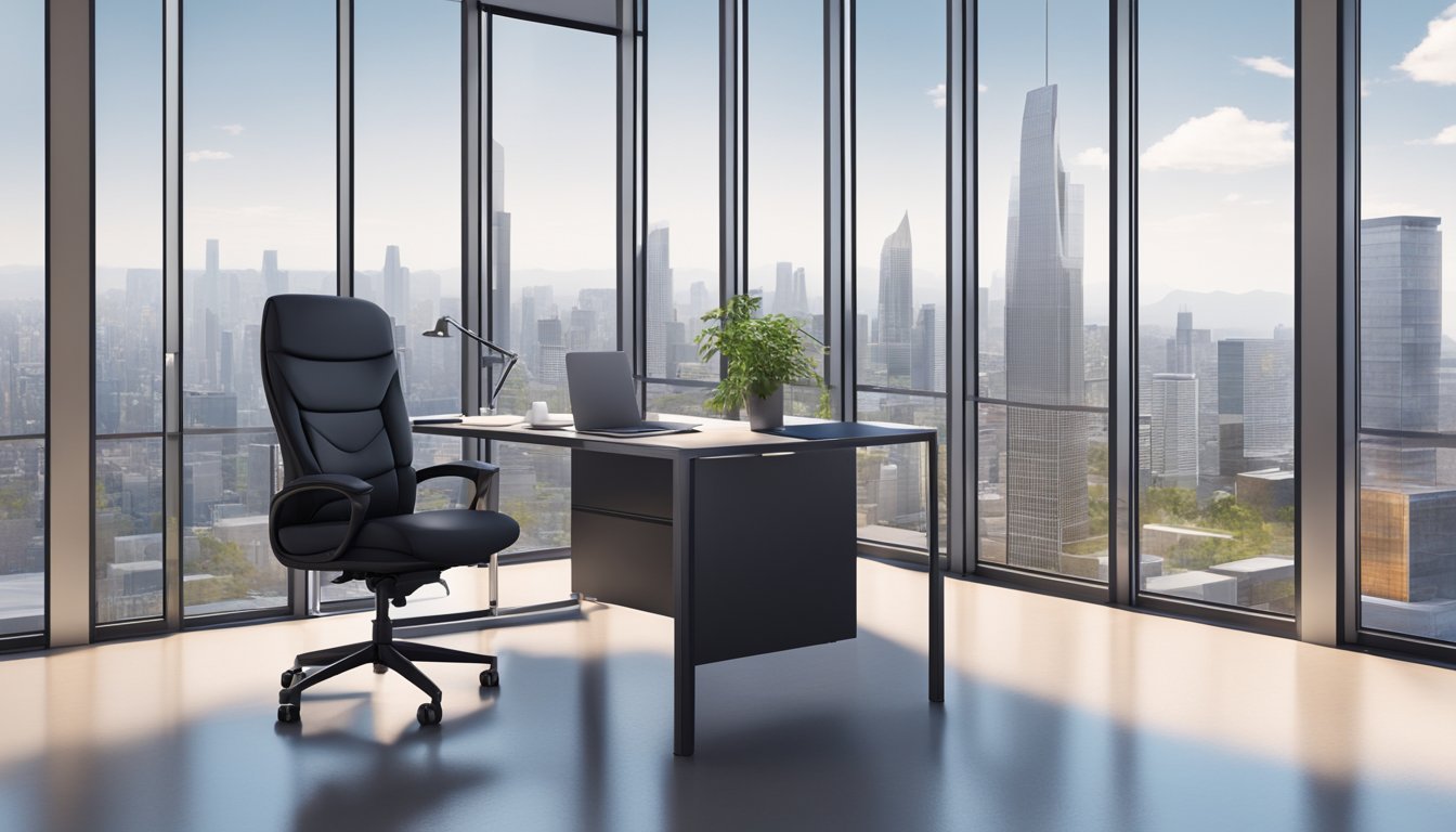 A tall office chair stands in front of a sleek desk, surrounded by modern office decor and large windows with a city skyline in the background