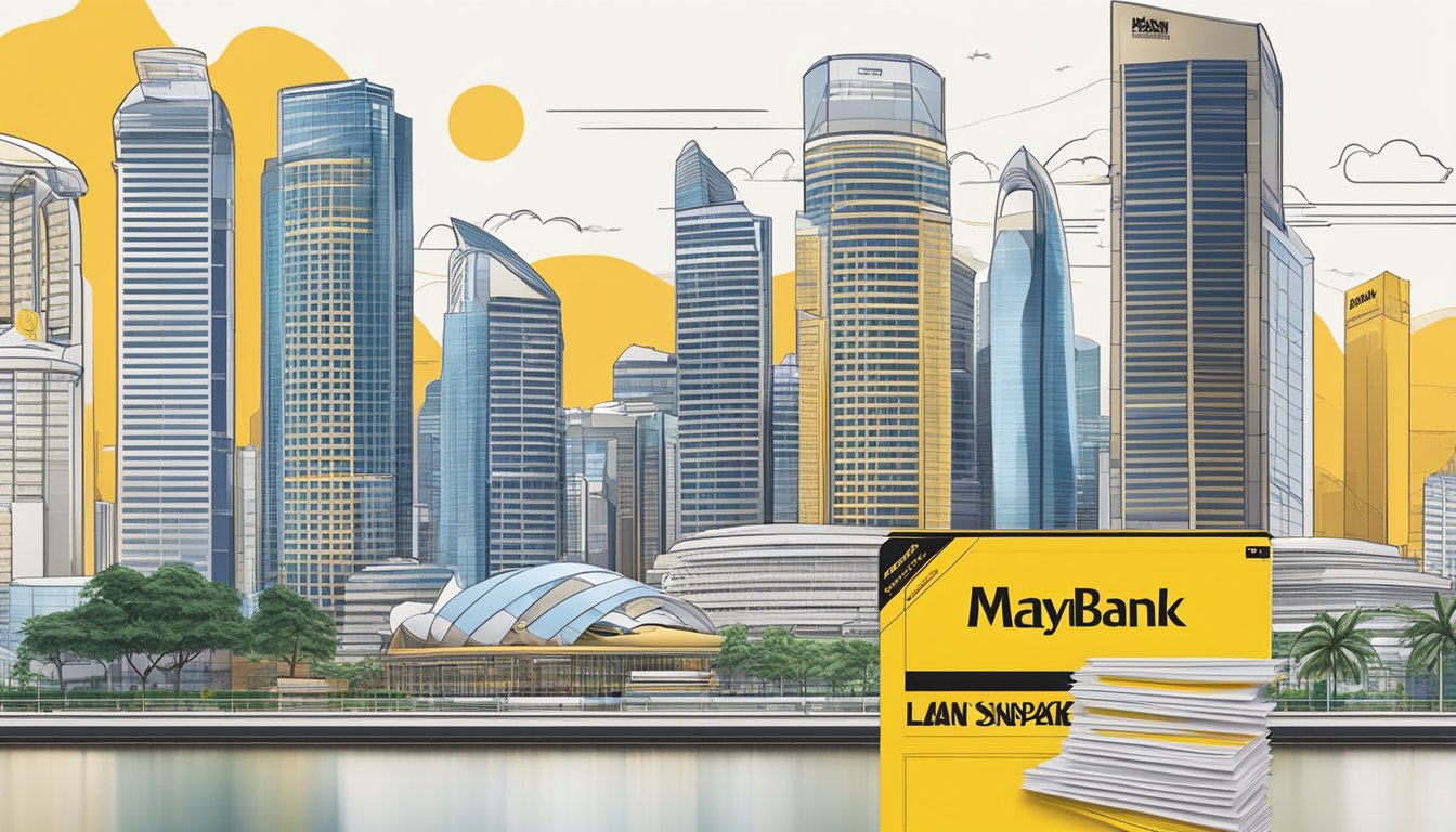 A stack of loan documents with Maybank branding, surrounded by financial charts and graphs, set against a backdrop of the Singapore skyline