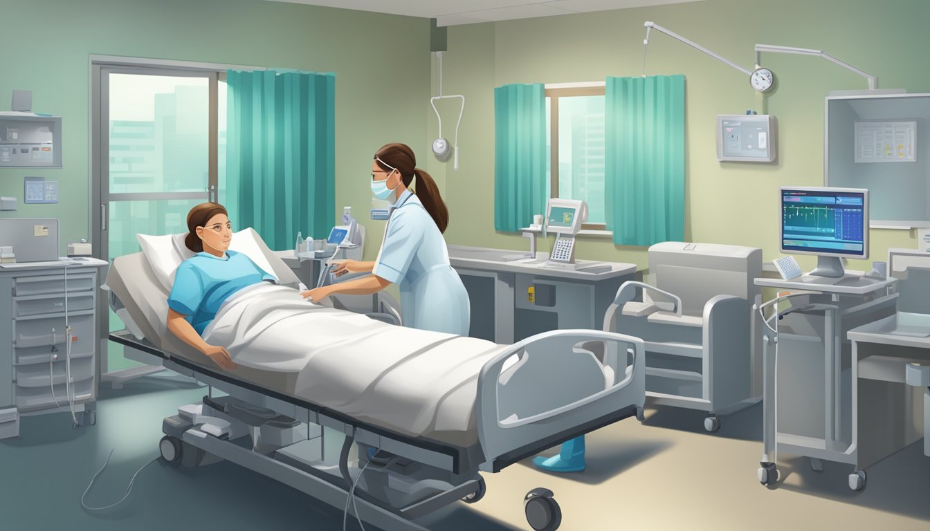 A nurse administers medication and monitors vital signs in a hospital room for heart failure care