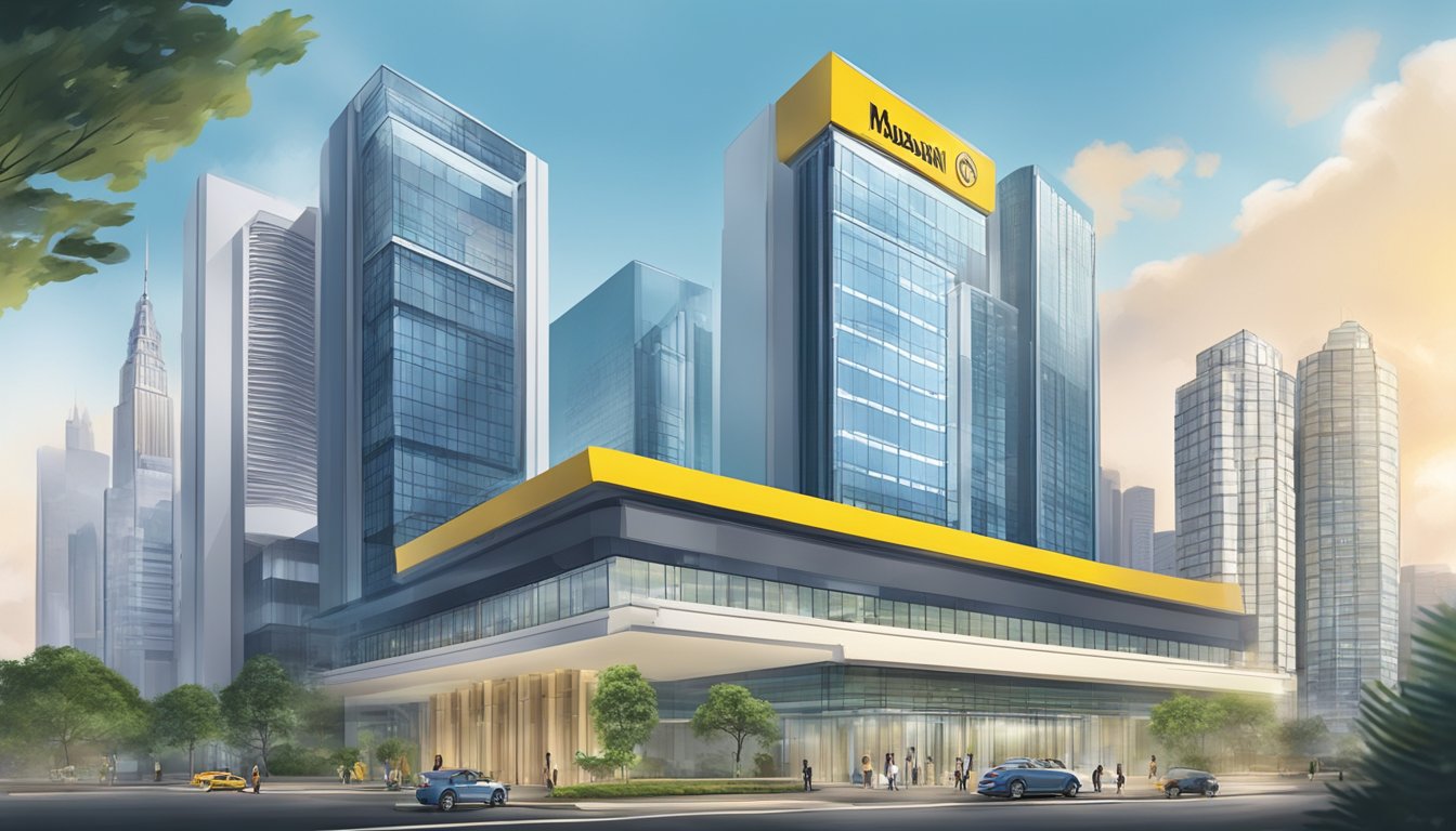A modern bank building with a prominent Maybank sign, showcasing various financial services and facilities, with a focus on creditable term loan interest rates in Singapore