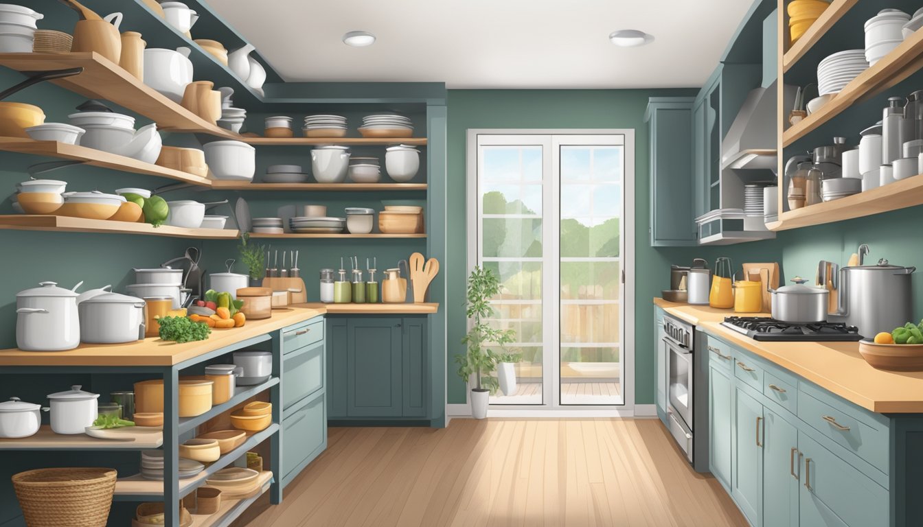 A fully stocked kitchen with neatly arranged cabinets and open shelves, showcasing a variety of cookware, utensils, and neatly organized pantry items
