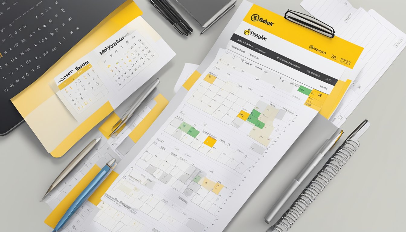 A stack of loan application forms with Maybank logo, next to a calendar showing loan tenor options
